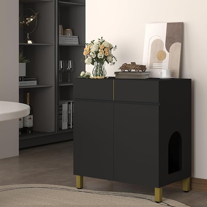 Large/Tall Litter Box Enclosure, Modern Wooden Litter Box Furniture for XL Litterbox with Drawer as Sideboard Cabinet (Black)-Mewly Pet