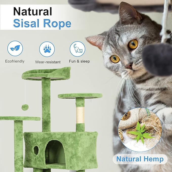 FDW Cat Tree 70in Cat Tower Multi-Level Durable Cat Scratching Post & Cozy Fun Cat Jumping Platform Space Saving Cat Condo Pet Play House for Indoor Cats,Green-Mewly Pet