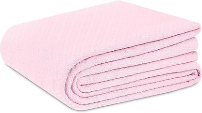 COTTON CRAFT Soft Cotton Thermal Blanket - Plush Herringbone Twill - All Season Luxurious Breathable Skin Friendly Lightweight Cooling Throw Blanket - Sofa Couch Travel Camping Dorm - Twin Light Pink