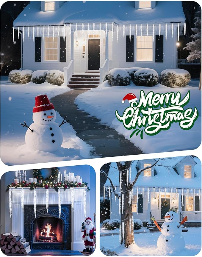 Minetom Icicle Lights Outdoor with Clips, 10ft 50 LED 10 Tubes Twinkling Ice Shape String Lights, Connectable Hanging Christmas Lights Plug in for Eave Holiday Outdoor, Cool White