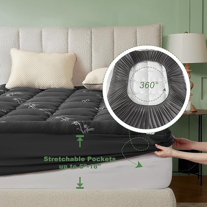 BEDLORE Queen Mattress Topper Viscose Derived from Bamboo, Thick Pillow Top Mattress Pad with Stretchable Pockets for 6-18 inches Mattress, Soft Mattress Topper for Back Pain Relief(Dark Gray)