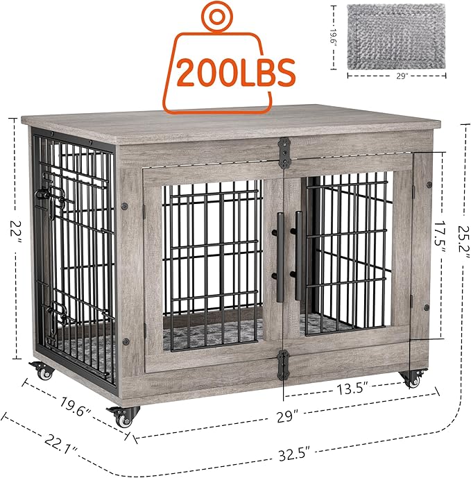 Lulive Dog Crate Furniture Set of 2, Dog Kennel Indoor Double Doors Wooden Dog Cage, 32'' Heavy Duty Dog Crate with Cushion & Wheels, End Table Pet House Chew-Resistant Up to 45 lb, Grey-Mewly Pet