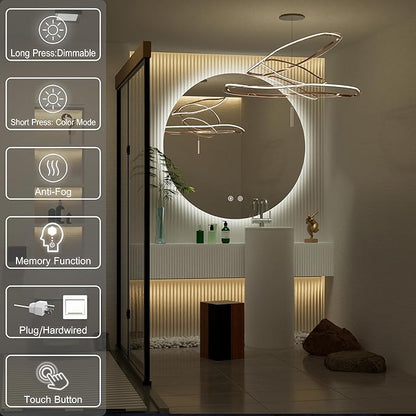 42" Round LED Bathroom Mirror, Backlit Vanity Larege Round Bathroom Mirror with Lights, LED Lighted, Dimmable, Anti-Fog, Touch, 3000K/4500K/6000K