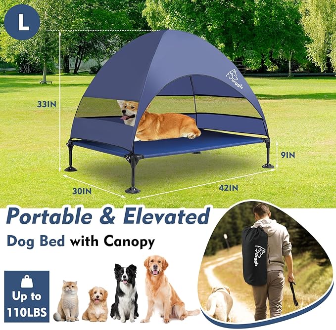 Upgraded Elevated Dog Bed with Canopy, Portable Raised Outdoor Dog Bed with Stable Anti-Slip Feet, Wider Shade Pet Bed Cot, Raised Dog Beds for Large Dogs Camping, Indoor & Outdoor Use-Mewly Pet