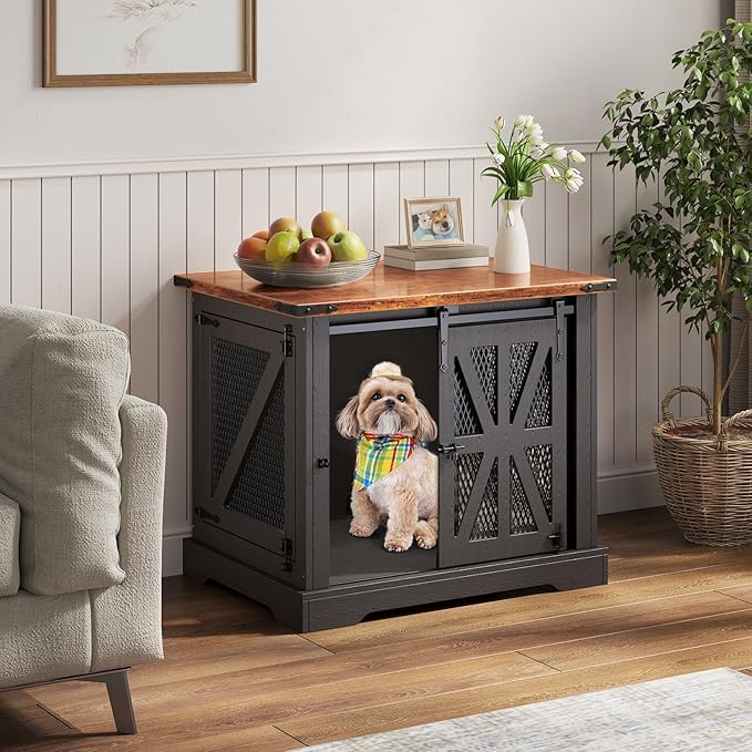 VOPEAK 27.5" Small Dog Crate Furniture, Chew Resistant Dog Crate for Puppy Dogs, Heavy Duty Small Dog Crate Dog Kennel Indoor with Double Doors, Wooden End Table for Bedroom Living Room, Black-Mewly Pet