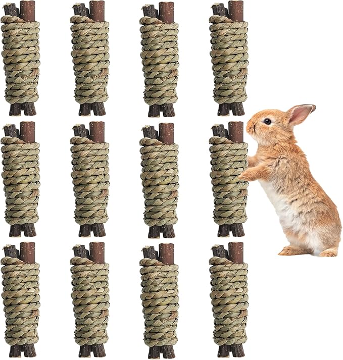 Fhiny 12 PCS Guinea Pigs Chew Toys, Natural Apple Branch Seagrass Molar Sticks for Teeth Bunny Chew Toys Cage Accessories for Guinea Pigs Rabbit Bunny Hamster Chinchilla-Mewly Pet