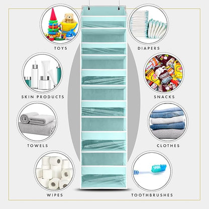 HOMELUX THEORY 1 PC Heavy Duty Over the Door Organizer 55x14x6.7, 6 Large Front & 12 Side Pockets, Hanging Storage Closet Door Organizer for Bedroom, Bathroom and Baby Nursery Storage (Baby Blue)