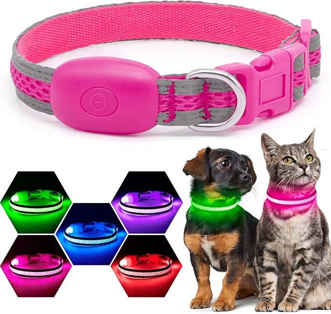 Flashseen LED Cat Collar,Light Up Dog Collar Rechargeable, Dog Lights for Night Walking, Comfortable Soft Mesh Pet Collar Adjustable for Cats Puppy and Small Dogs(Pink, XS)-Mewly Pet