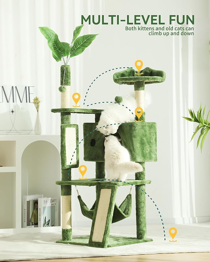 Hoopet 63IN Cat Tree Tower for Indoor Cats Large Adult, Cat Scratching Posts Featuring with Scratching Boards, Wide Plush Perch and Interactive Dangling Balls Ideal for Multi-Cat Households-Mewly Pet