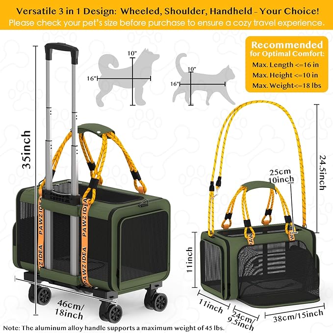 PAWZIDEA Expandable Pet Carrier with Wheels, 18X11X11 TSA Airline Approved Cat Carrier w/ID Card for 2 Cats, Small Dog Carrier Car Seat Travel Bag, Max Weight Recommendation 18 lbs，Green-Mewly Pet