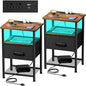 Nightstands Set of 2 with Charging Station and Drawer, End Table Bedside Table with 20 Colors LED Light Strip and 2 Layers Shelf for Bedroom Living Room (Rustic Brown)