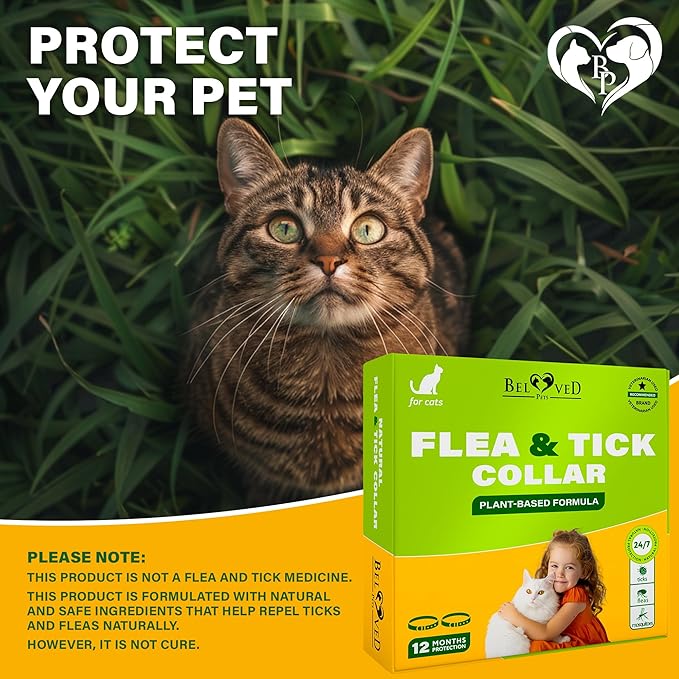 Natural Flea & Tick Collar for Cats - 12 Months Control of Best Prevention & Safe Treatment - Anti Fleas and Ticks Essential Oil Repellent (2 Pack)-Mewly Pet