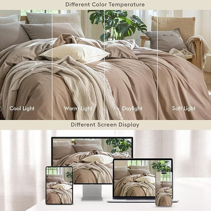 MooMee Bedding Duvet Cover Set 100% Washed Cotton Linen Like Textured Breathable Durable Soft Comfy (Solid Brown, Alaska King 132"x120")