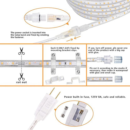 SURNIE LED Rope Lights Outdoor Waterproof Warm White, 50ft Outside Bright Lighting Cuttable Connectable Flexible 110V Cool Clear Flat 3000K, Indoor Deck Patio Christmas Camping Decor, Not Tube Rope