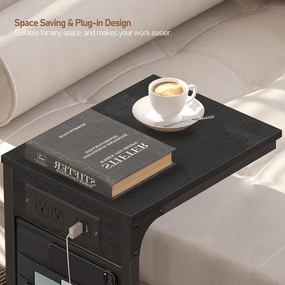 TUTOTAK C Shaped End Table with Charging Station, Side Table for Sofa, Couch Table with Storage Bag, Set of 2, TV Tray Table with 2 USB Ports and Outlets for Living Room, Bedroom, Black TB01BK0242