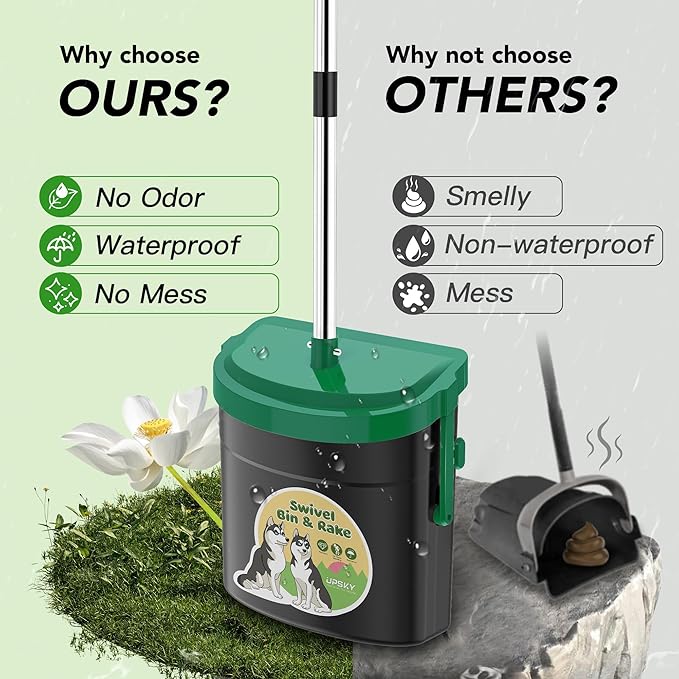 UPSKY Dog Pooper Scooper Swivel Bin & Rake Kit with 100 Waste Bags,33.4" Stainless Steel Long Handle Heavy Duty Pet Poop Shovel for Large Medium Small Dogs, Odor-Proof Lid for Yard/Lawn/Outdoor Use-Mewly Pet
