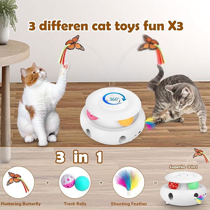 Cat Toys,3-in-1 Interactive Cat Toys for Indoor Cats,Rechargeable Automatic Interactive Cat Toy with Fluttering Butterfly,Smart Sensor 6 Holes Mice Whack-A-Mole and Track Balls, White-Mewly Pet
