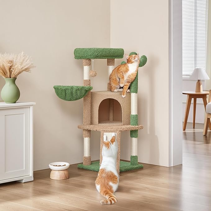 Yaheetech Cactus Cat Tree, 42in Cat Tower for Indoor Cats, Multi Level Kitten Condo Scratching Post, Pet Activity Center Furniture w/Ball, Plush Perch, Platform, Basket, Brown/Green-Mewly Pet