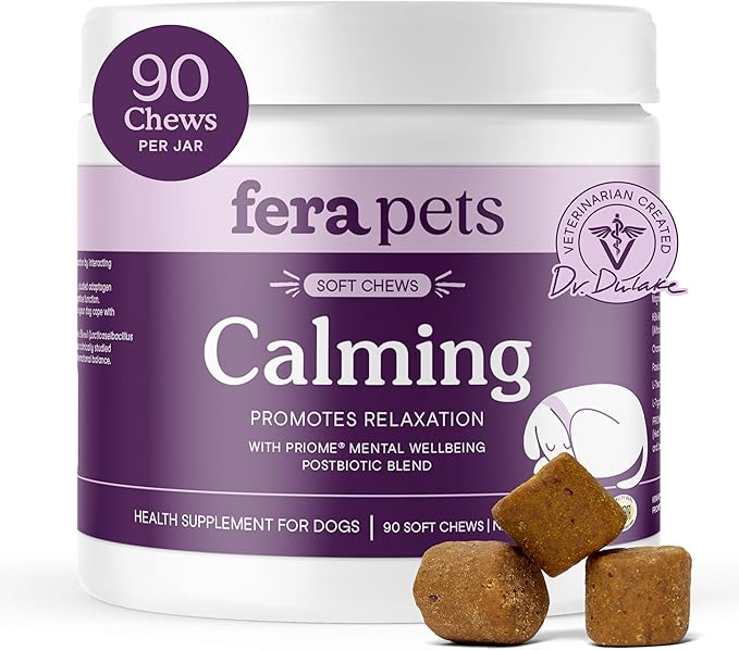 Fera Pets Dog Calming Chews with Ashwagandha & Priome® Mental Wellbeing Postbiotic Blend - Supports Anxiety Relief - Promotes Relaxation - 90 Soft Chews-Mewly Pet