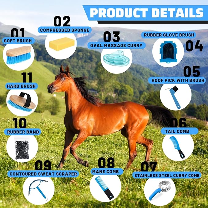 Abbylike 12 Pieces Horse Grooming Kit Racing Festival Tack Room Supplies Horse Brush Sets Equine Care Cleaning Kit Shedding Grooming Massaging Tools(Blue)-Mewly Pet