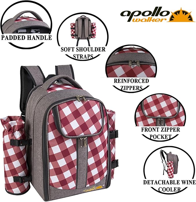 apollo walker Picnic Backpack Bag with Cooler Compartment, Detachable Bottle/Wine Holder, Fleece Blanket, Plates and Cutlery Set (2 Person, Gray)-Mewly Pet