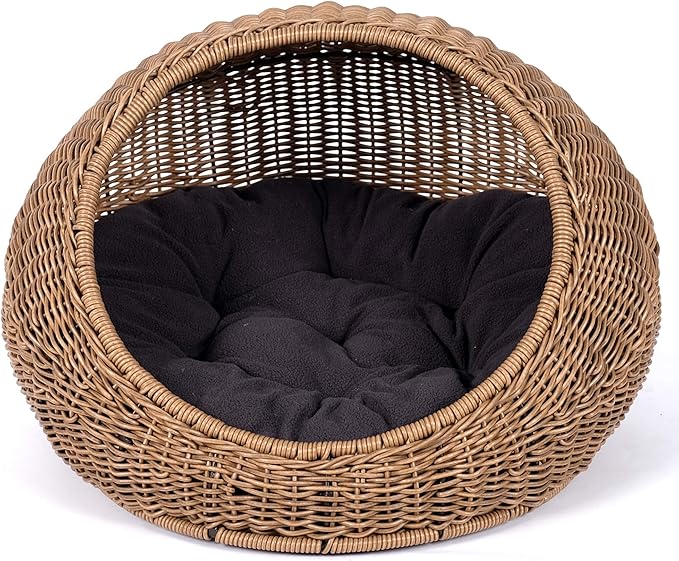 D+GARDEN Wicker Cat Bed Dome for Medium Indoor Cats - a Covered Cat Hideaway Hut of Faux Rattan Houses Pets in Dome Basket, Washable-Mewly Pet