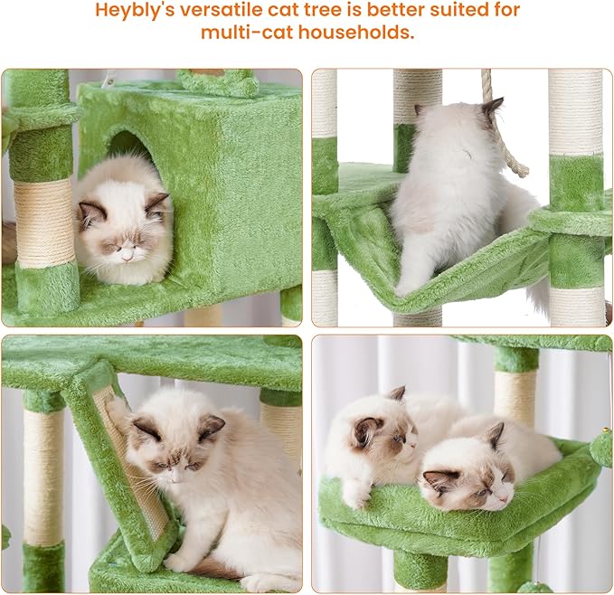 Heybly Cat Tree, 68 inch Multi-Level Cat Tower for Indoor Cats, 2 Widened Plush Perches Cat Condo with Scratching Board and Big Caves, Green HCT025GR-Mewly Pet