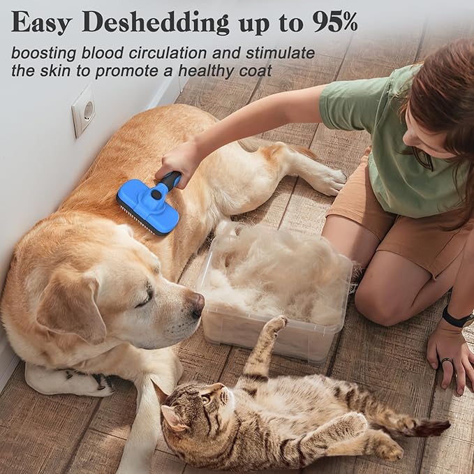 Swihauk Self Cleaning Slicker Brush - Skin Friendly Deshedding Grooming Tool for Dogs & Cats, Suitable for Shedding & Haired Pets, with Pet Supplies Accessories, Blue-Mewly Pet