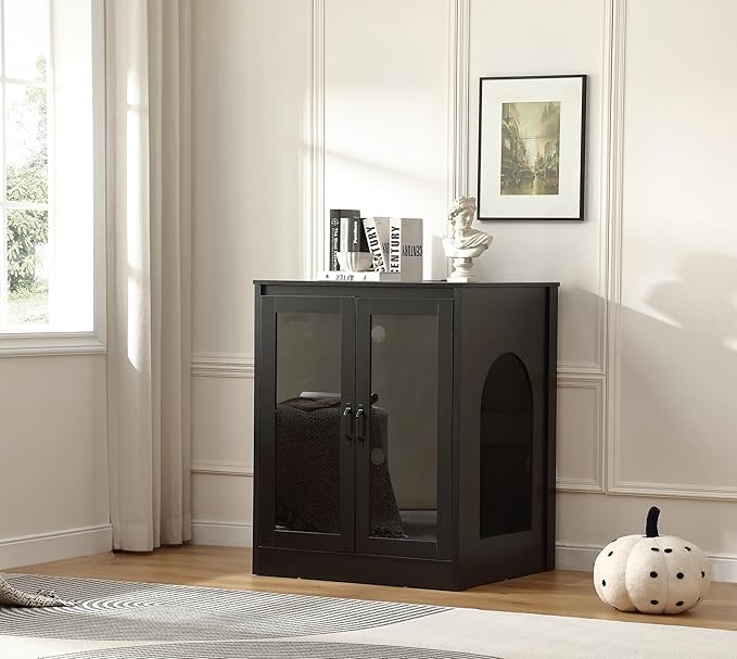 Cat Litter Robot Enclosure with Glass Cat-Observant Doors,Litter Robot Cabinet with Reversible and Optional Entry(Left or Right),Cozy LED for Cats,Power Outlet for More Choice, Black-Mewly Pet