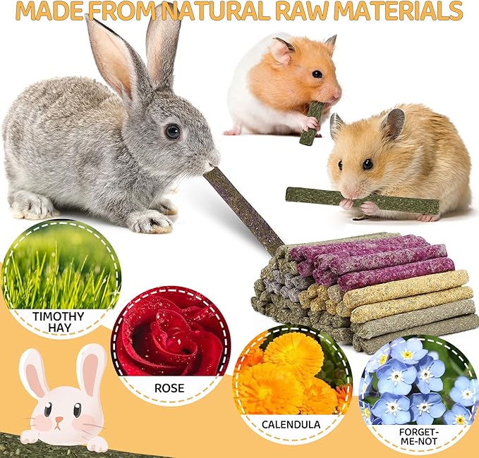52Pcs Rabbit Chew Sticks, Guinea Pig Toys, Natural Timothy Grass Molar Teeth Stick, Mixing Flowers, Roses, Calendula and Forget Me Not, Small Animals Treats-Mewly Pet