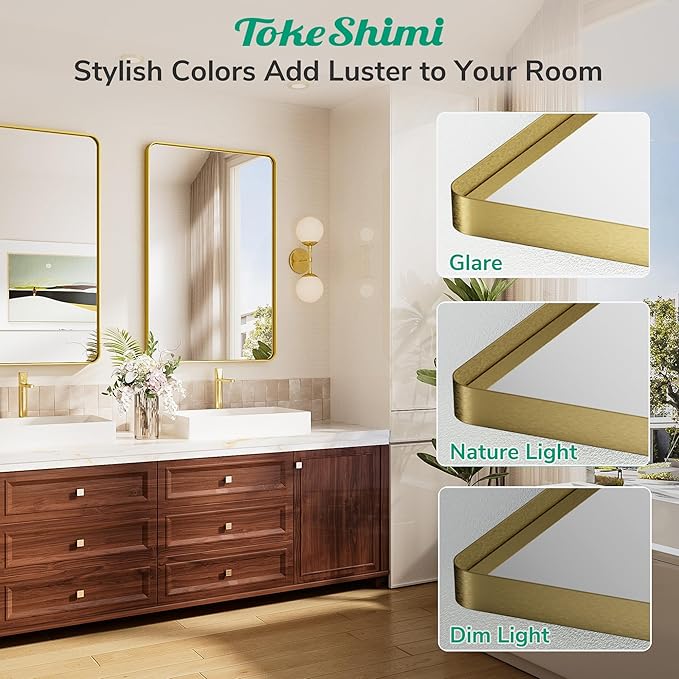 TokeShimi 42x36 Brushed Gold Bathroom Mirror for Over Sink,Bathroom Vanity Mirror with Tempered Glass, Modern Framed Wall Mirrors(Horizontal/Vertical)