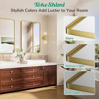 TokeShimi 24x36 Brushed Gold Bathroom Mirror,Wall Mirror for Bathroom with Tempered Glass,Gold Bathroom Vanity Mirror for Over Sink,Aluminum Framed Mirror(Horizontal/Vertical)