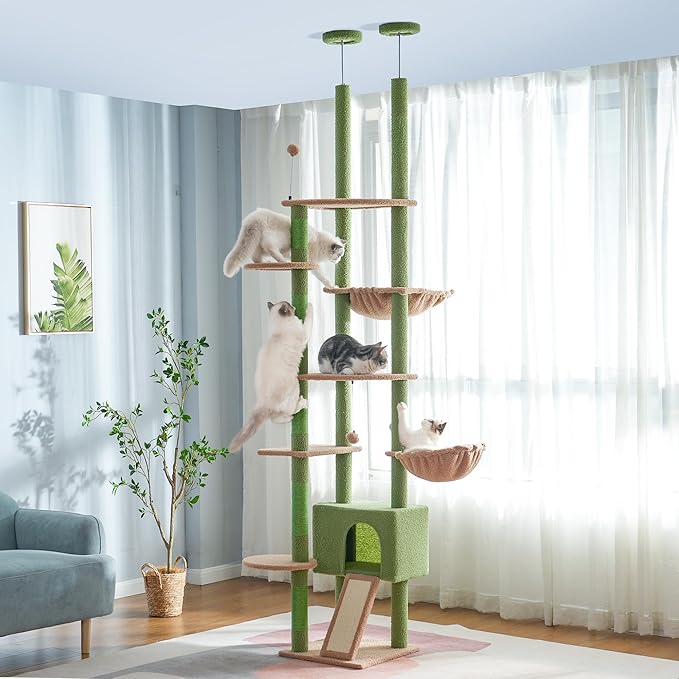 Floor to Ceiling Cat Tree Tall Cat Tower with Adjustable Height (81.8-108 Inches) with Fully Scratching Post Private Condo and Hammock for Indoor Cats (Green, Triple Dule Posts)-Mewly Pet