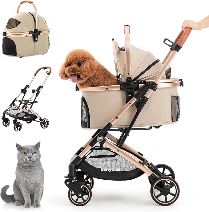 Kenyone 3-in-1 Pet Stroller for Small Medium Dogs Puppy Cat Stroller with Detachable Carrier & Pad Lightweight Foldable Aluminum Alloy Frame Dual No-Zip Entry(Khaki)-Mewly Pet