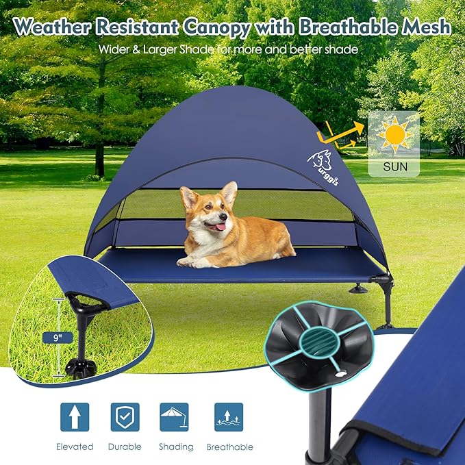 Upgraded Elevated Dog Bed with Canopy, Portable Raised Outdoor Dog Bed with Stable Anti-Slip Feet, Wider Shade Pet Bed Cot, Raised Dog Beds for Large Dogs Camping, Indoor & Outdoor Use-Mewly Pet