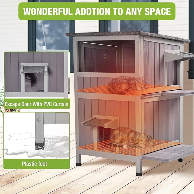 GUTINNEEN Outdoor Heated Cat House for Winter, Weatherproof Wooden Feral Cat Shelter with Escape Door, Heating Pad & Removable Mat(AIR14-Heated)-Mewly Pet