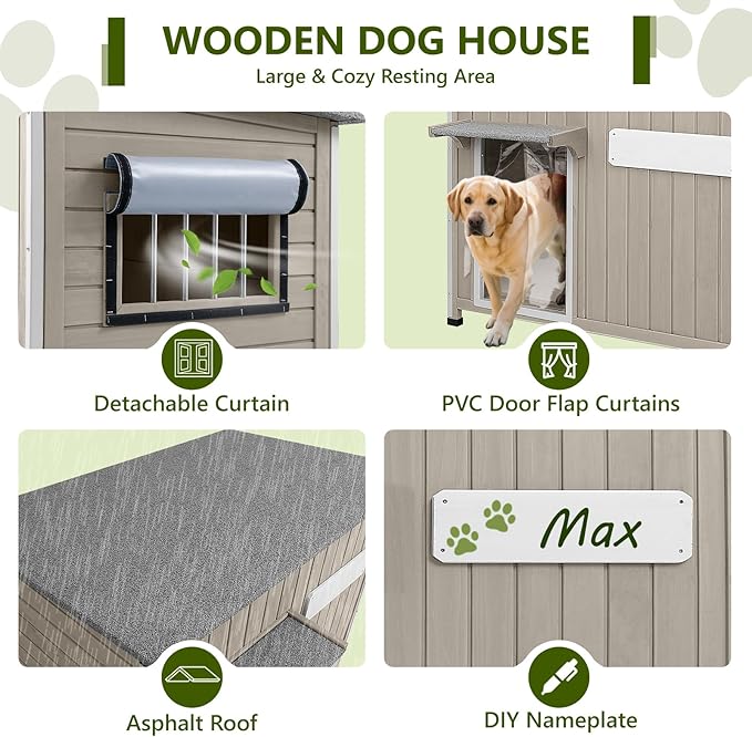 Large Dog House Outdoor XL Wooden Dog House with Weatherproof Asphalt Roof, Chew-Resistant Frame, Removable Floor, for Medium to Large Dogs Indoor Outdoor Use (Grey, 43.3"L x 29.5"W x 33.5"H)-Mewly Pet