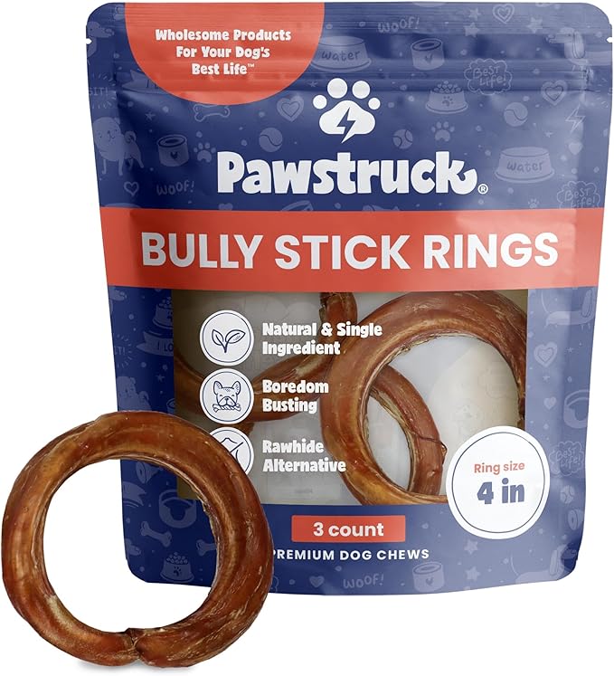 Pawstruck All-Natural 4" Bully Stick Rings for Dogs - Rawhide-Free, 100% Beef, Single Ingredient Dental Chew Bones - Fully Digestible, Low Odor - 3 Pack - Packaging May Vary-Mewly Pet