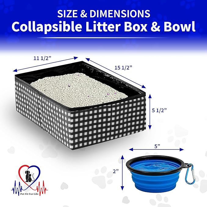 Pet Fit For Life - Vibrant Collapsible Travel Cat Litter Box - Portable, Foldable, Compact Design with Bonus Water Bowl - Ideal for Car & Camping - Reusable, Cats Safe - Black, (16"x12"x5")-Mewly Pet