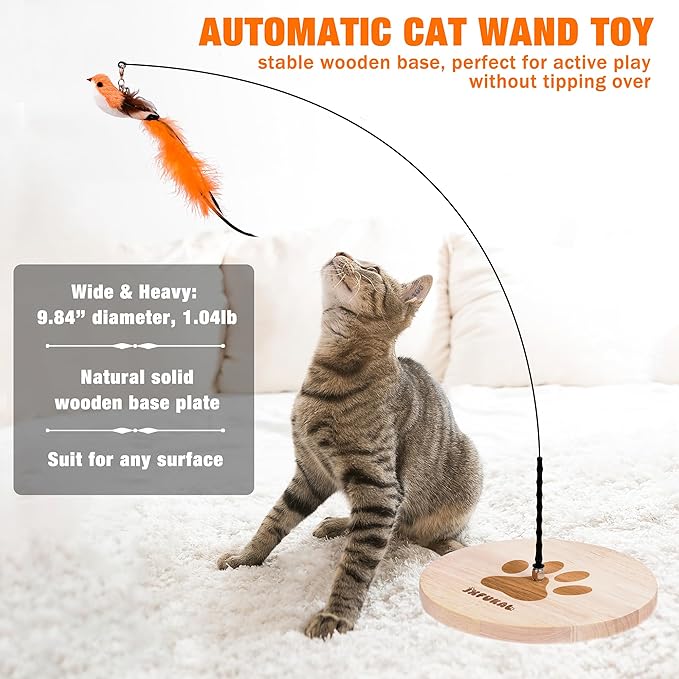 JXFUKAL Interactive cat Toy, Automatic Cat Wand Toy with Stable Wooden Base, 2 PCS Detachable Cat Teaser, 5PCS Refills Replacement & Hanging Cat Toy, Kitty Kitten Toys Cat Feather Spring String Toy-Mewly Pet