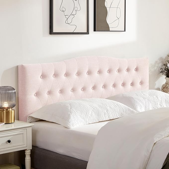 Tufted Upholstered Headboard Queen Size, Sturdy and Durable Solid Wood Bed headboard, Fabric Headboard Adjustable Height from 37” to 51”, Modern Button Diamond Design Head Board, Pink
