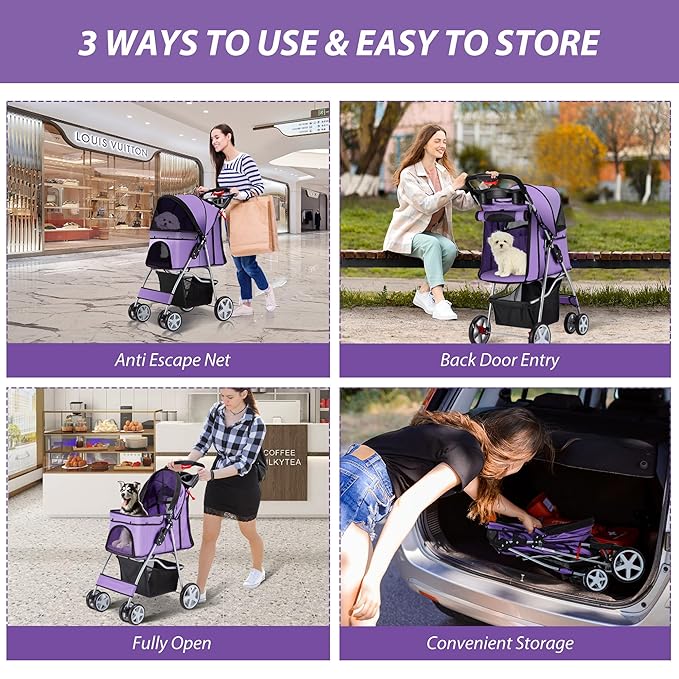 4 Wheels Pet Stroller for Small Medium Dogs Cats 10-33 lbs, Foldable Dog and Cat Stroller with Cup Holder & Storage Basket & Breathable Mesh, Pet Strolling Cart for All-Season, Purple-Mewly Pet