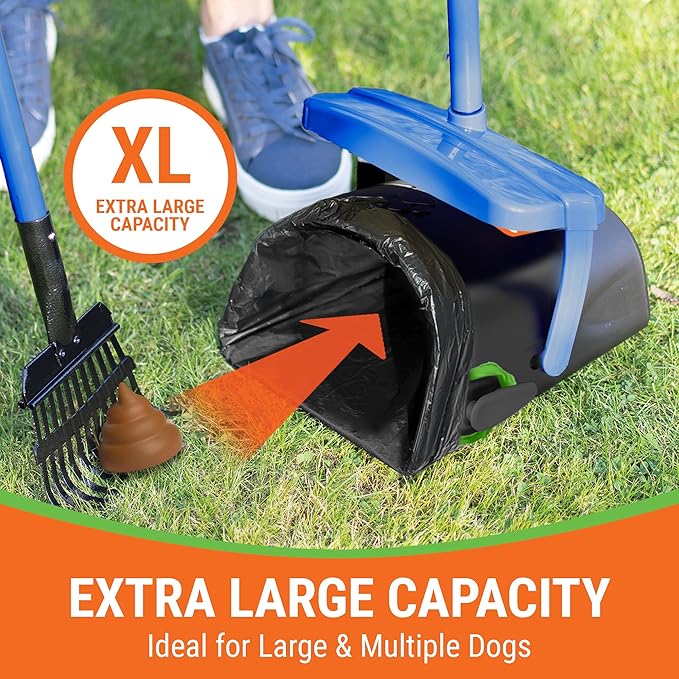 Dog Pooper Scooper with Bag Attachment, 40" Long Handle Pooper Scooper for Large Dogs, Dog Poop Scoop for Yard, Large Capacity Swivel Bin and Rake, Lavender Scented Bags (Blue)-Mewly Pet