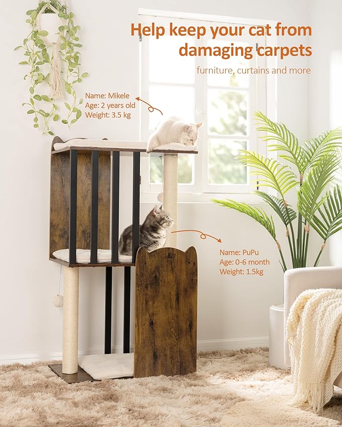 FourFurPets 43.8in 3-Tier Modern Cat Tree Tower Condo, Cat Scratch Posts for Indoor Cats, Big Plate, Two 19.7in Full Sisal Scratching Posts, Rustic Brown-Mewly Pet