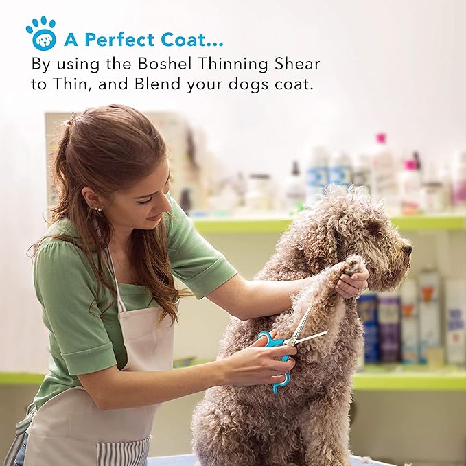 BOSHEL 3 Pc Dog Grooming Scissors Kit - 7" Scissor For Body Hair Trimming, 6" Small Micro-serrated Scissor For Face, Ear, & Paws, Thinning Shears For Dogs - Professional Dog Grooming Kit For Cat & Pet-Mewly Pet