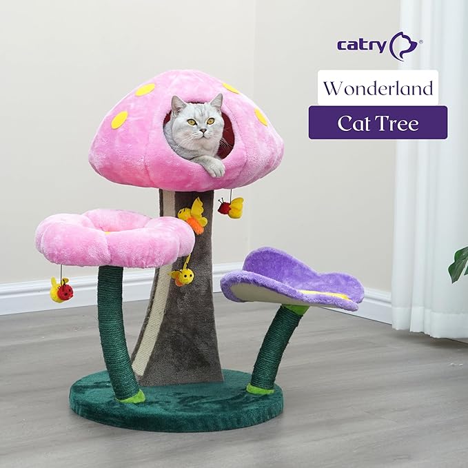 Catry® Wonderland 3-Level 31" Cat Tree with Mushroom Condo, Flower Perch, Sisal Scratching Pad, Parts Replaceable, Garden Style with Bee Toys. Multi- Color-Mewly Pet