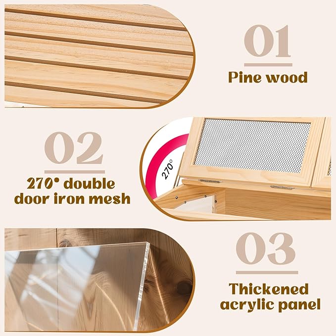 Hamster Cage 32 Inch Wooden Chewproof, 270° View Habitat with Bite-Proof Metal Mesh & Dual Access Doors, Acrylic Sheets & Solid Build for Dwarf Syrian Hamsters/Gerbils/Guinea Pigs/Chinchillas-Mewly Pet