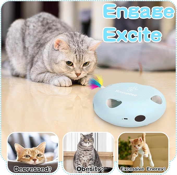 IInteractive Cat Toy, Electric Cat Toys for Moving Concealed Feathers, Smart Sensor 7 Holes Whack a Mole Feather Toy, USB Charge Automatic Kitten Toys,Blue-Mewly Pet