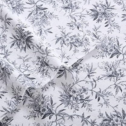Laura Ashley - Flannel Sheets Twin Size, Anti-Pilling & Wrinkle Resistant Cotton, Touchably Soft for All-Season Comfort - Bed Sheets with Matching Pillowcase & Fitted Sheet (Faye Toile Black)