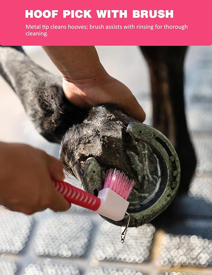 11PCS Horse Grooming Kit Curry Comb Sweat Scraper Horse Bathing Supplies Grooming Tools with Storage Bag Pink Garnet-Mewly Pet
